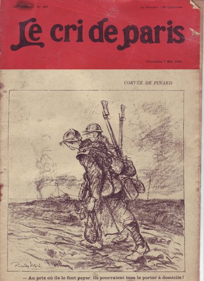 Illustration de Ricardo Flores pour la couverture de Le Cri de Paris, 07/05/16 - Corvée de pinard "Au prix où ils le vendent, ils pourraient bien le livrer à domicile !" - Guerre de 14-18, Vin, Vie de soldat, Cantine roulant la soupe, Approvisionnement - S - Ricardo Flores