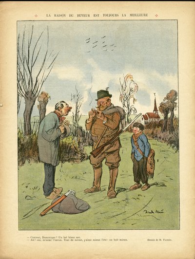 Illustration de Ricardo Flores (1878-1918) dans Le Lire, 04/01/13 - La raison du buveur est toujours la meilleure - Campagne, Enfance, Chasse chasseur, Cathédrales Églises, Alcool Alcoolisme - Ricardo Flores