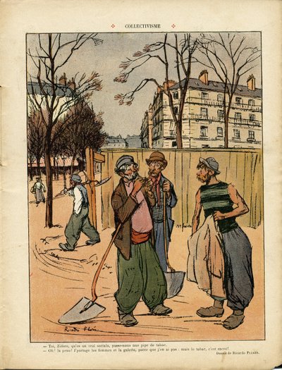 Illustration de Ricardo Flores (1878-1918) dans Le Rire, 06/02/09 - Collectivisme - Social, Architecture urbaine, Arbre, Bâtiment, Collectivisme - Ouvrier Ouvrier, Terrassiers - Ricardo Flores