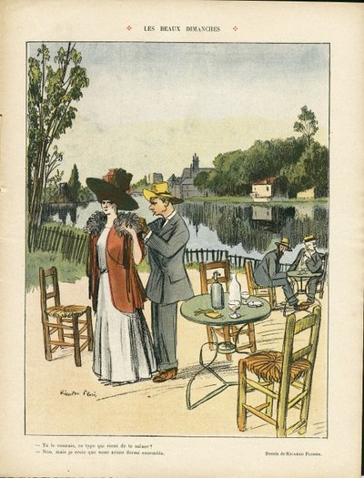 Illustration de Ricardo Flores (1878-1918) dans Le Rire, 04/07/08 - Beaux dimanches - Loisirs, Nature Végétation, Architecture Urbanisme, Restaurant Cafés, Maritime Marine Bord de mer - Ricardo Flores