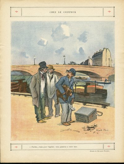 Illustration de Ricardo Flores (1878-1918) dans Le Rire, 05/10/12 - Chez le coiffeur - Paris, Métiers, Architecture Urbanisme, Pont, Rivière Fleuve - Chien, Coiffeur - Ricardo Flores