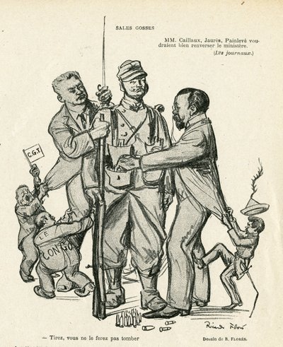 Illustration de Ricardo Flores (1878-1918) dans Le Rire, 21/06/13 - Sales gosses - Armée, Service militaire, Socialisme - Jaurès Jean, Caillaux Joseph (1863-1944), Painlevé Paul (1863-1933) - Ricardo Flores