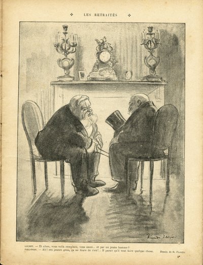 Illustration de Ricardo Flores (1878-1918) dans Le Rire, 22/02/13 - Pensions - Président de la République - Fallières Armand (1841-1931), Loubet Émile - Ricardo Flores
