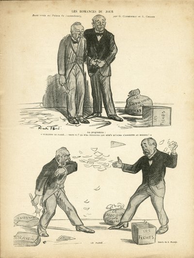 Illustration de Ricardo Flores (1878-1918) dans Le Rire, 28/12/12 - Romance du jour - Affaire de Panama, Affaire des archives, Répression - Million des Chartreux - Combes Émile (1835-1921), Clemenceau Georges - Ricardo Flores