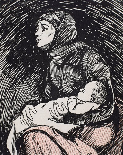Veille de Noël. 1900. Une femme maigre avec son enfant dans les bras (gravure) - Ricardo Maria Navarrete