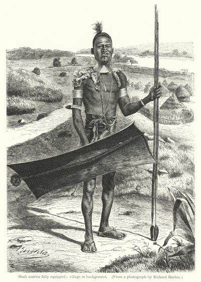 Guerrier Shuli entièrement équipé; village en arrière-plan (gravure) - Richard (after) Buchta