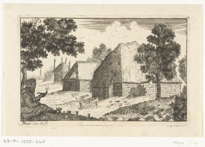 Deux maisons de paysans avec un homme fumant une pipe - Richard Adam