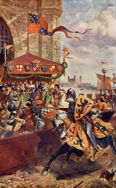 Joute solennelle sur le pont de Londres entre David de Lyndsays et Lord John de Welles en 1390, illustration de 