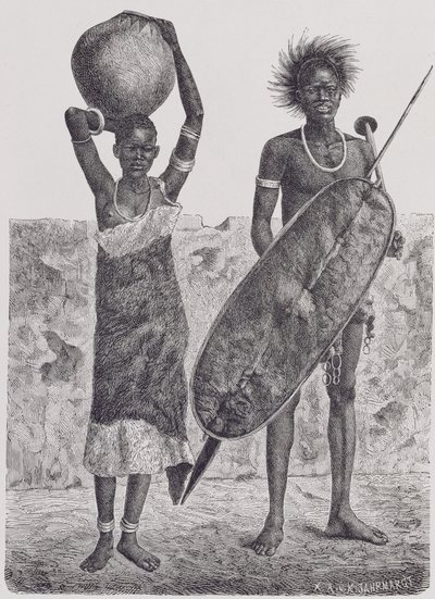 Guerrier Shillook et fille, gravé par Jahrmargt, tiré de 