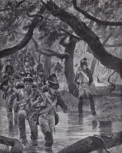 Soldats britanniques traversant les marais de la rivière Essequibo en Guyane britannique - Richard Caton II (after) Woodville