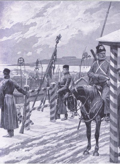 Une station cosaque en Mandchourie avec des signes tribaux sur les huttes des hommes, illustration de l
