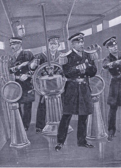 Amiral Togo dans la tour de commandement de son navire amiral, dirigeant une action navale, illustration de l