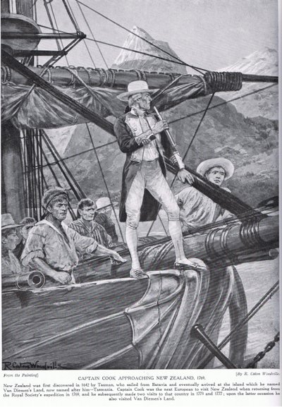 Le capitaine Cook approchant de la Nouvelle-Zélande, illustration de 