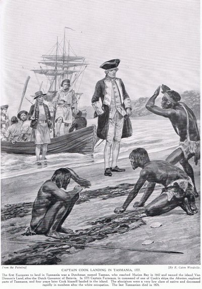 Le capitaine Cook débarquant en Tasmanie, 1777, illustration de 