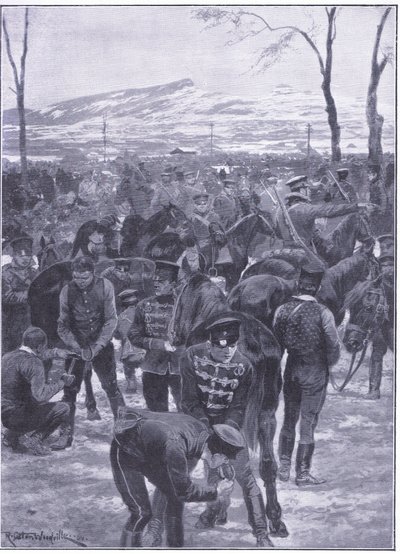 Campement de cavalerie japonaise à Séoul : Maréchaux-ferrants au travail, illustration de l