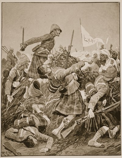 Les Seaforth Highlanders attaquant le zareba à la bataille d