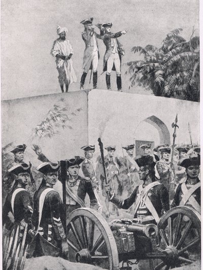 Bataille de Plessey, 23 juin 1757 : Clive sur le toit du pavillon de chasse de Nawab Surat-ud-Daula, illustration de British Battles on Land and Sea, 1915 - Richard Caton Woodville junior