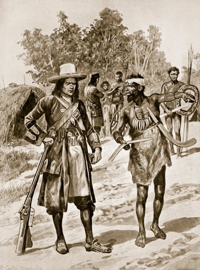 Dampier examinant un boomerang en Australie, illustration de 