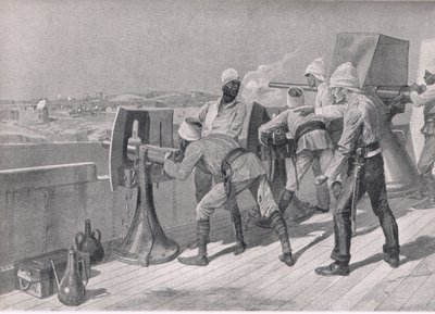 En route vers le Nil : Tir sur les Derviches, illustration de British Battles on Land and Sea, 1915 - Richard Caton Woodville junior