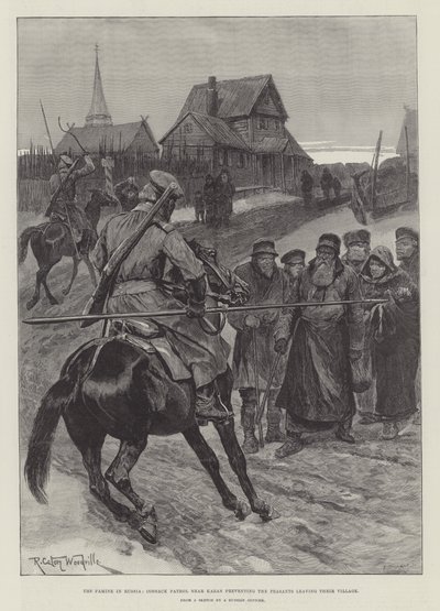 La famine en Russie, patrouille cosaque près de Kazan empêchant les paysans de quitter leur village - Richard Caton Woodville junior
