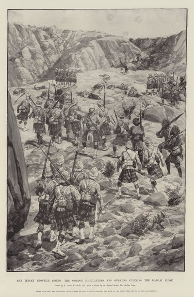 Le soulèvement de la frontière indienne, les Gordon Highlanders et les Gurkhas prenant d