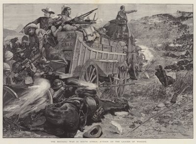 La guerre des Matabili en Afrique du Sud, attaque sur le camp de chariots - Richard Caton Woodville junior