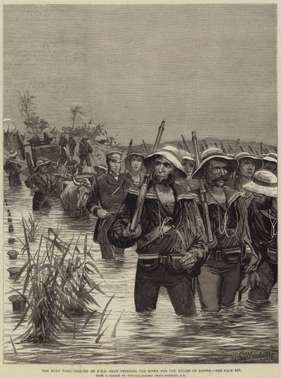 La guerre zouloue, marins du HMS Shah traversant la rivière pour le secours d