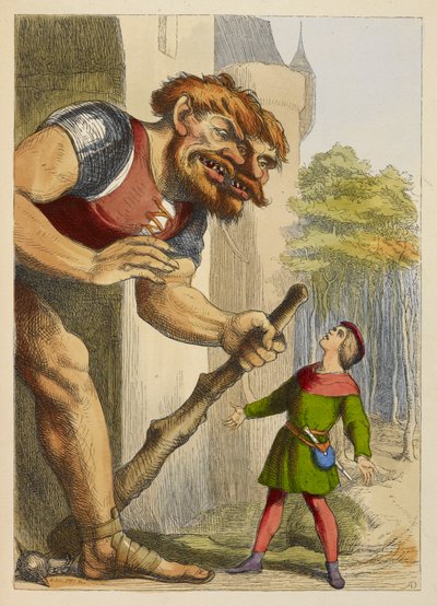 Jack regardant un géant qui a deux têtes. Le géant est gallois. Illustration en couleur dans un livre pour enfants. - Richard Doyle