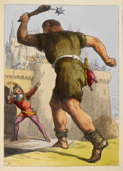 Jack prêt à combattre un géant devant un château. Illustration en couleur dans un livre pour enfants - Richard Doyle