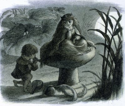 Une fée des eaux assise sur un champignon est courtisée par un amoureux. Dans 