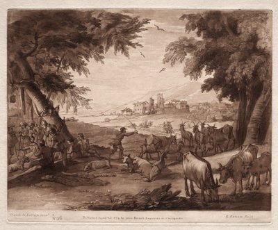 Liber Veritatis : No. 36, Scène pastorale avec villageois et troupeau de bœufs et de chèvres - Richard Earlom