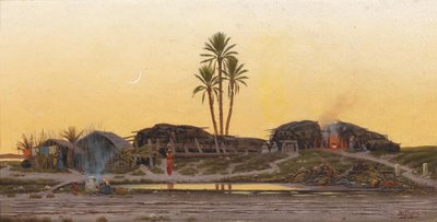 Crépuscule sur un village, intitulé au verso petit village arabe en Tunisie - Richard Fuchs