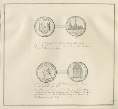 Lichfield - Médailles de la cathédrale de Lichfield et des armoiries de la ville, et un portrait de Richard Greene: dessin à la plume - Richard Greene