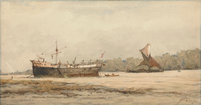 Une Barque Amarrée et une Péniche dans une Rivière - Richard Henry Nibbs