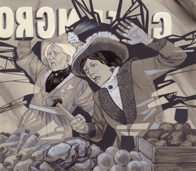 Suffragettes brisant des fenêtres (gouache sur papier) - Richard Hook
