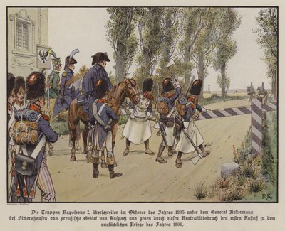 Les troupes françaises sous le commandement du général Kellermann traversent la frontière en territoire prussien à Sickershausen, octobre 1805 - Richard Knotel