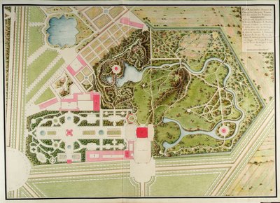 Plan des jardins français et champêtre du Petit-Trianon avec les masses du bâtiment, du Recueil des plans du Petit Trianon par Richard Mique - Richard Mique