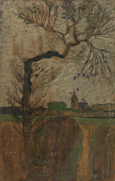 Sentier avec saule et village à l