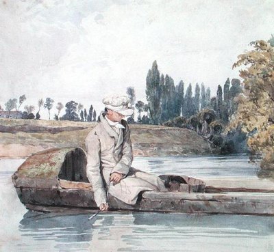 Un homme pêchant depuis un bateau sur une rivière - Richard Parkes Bonington