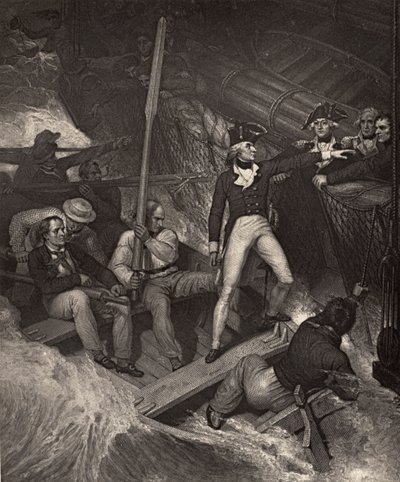 Lieutenant Nelson se portant volontaire pour aborder un prix dans une violente tempête, illustration de 