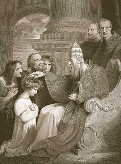 Le Prince Alfred devant le Pape Léon III, gravé par J. Stow, illustration de 
