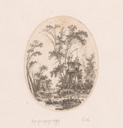 Paysage avec structure en bois sur pilotis, à gauche une femme sur un pont - Richard de Saint Non