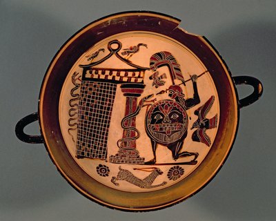 Coupe à figures noires laconiennes représentant un guerrier attaquant un serpent, VIe siècle av. J.-C. - Rider Painter