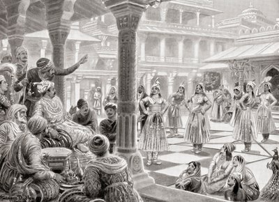 Akbar jouant au pachisi ou chaupur avec des pièces vivantes à Fatehpur Sikri en 1575, tiré de l