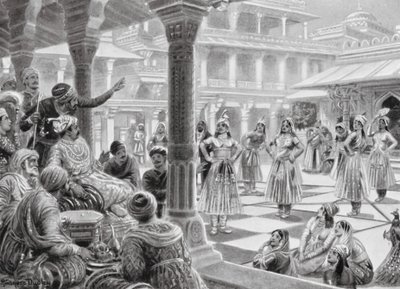 Akbar joue aux dames avec des pièces vivantes à Fatehpur Sikri - Robert Ambrose Dudley