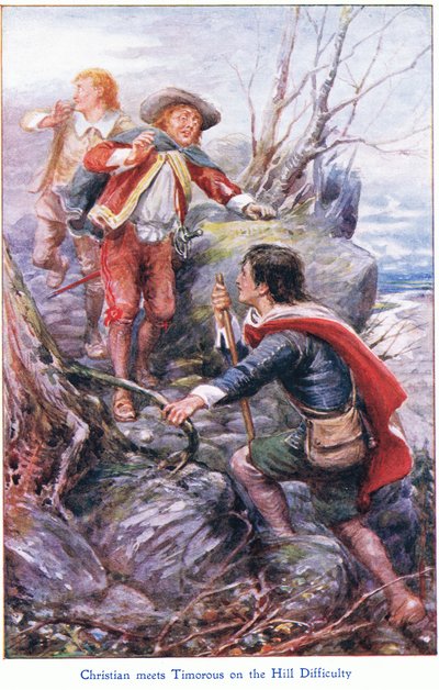 Christian rencontre Timorous sur la colline de la difficulté, extrait de The Pilgrims Progress publié par John F Shaw & Co, vers 1900 - Robert Ambrose Dudley