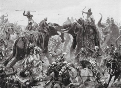 La défaite de Pulikesin II Chalukhya par Mahamalla Pallava à Badami, 642 après J.-C. (lithographie) - Robert Ambrose Dudley