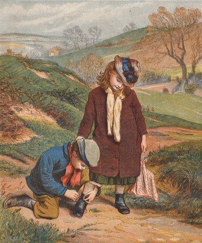 Un ami dans le besoin, un garçon attachant les chaussures d