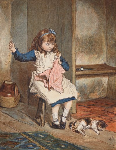Fille cousant avec un chat à ses pieds - Robert Barnes