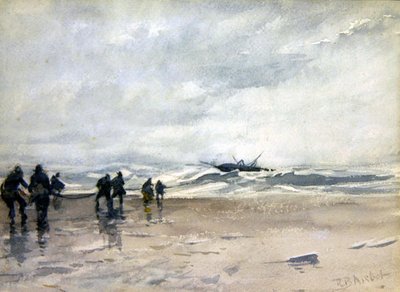 Pêcheurs tirant un bateau de pêche en détresse - Robert Buchan Nisbet